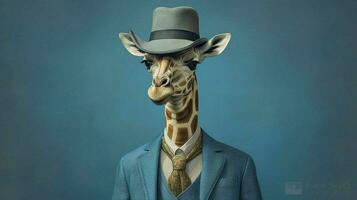 une girafe avec une bleu veste et une bleu chapeau photo