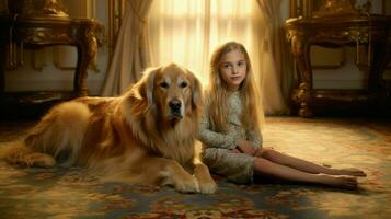 une fille et une d'or retriever chien sur une tapis photo