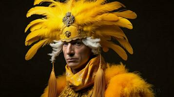 une homme dans une oiseau costume avec une Jaune à plumes h photo