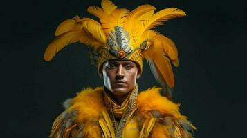 une homme dans une oiseau costume avec une Jaune à plumes h photo