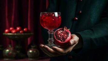 une homme est en portant une verre avec une rouge liquide et e photo