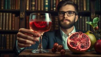 une homme est en portant une verre avec une rouge liquide et e photo