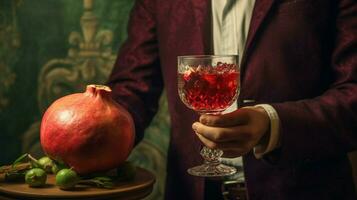 une homme est en portant une verre avec une rouge liquide et e photo