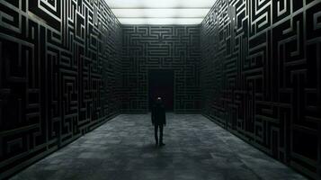 une homme des stands dans une foncé couloir avec une Labyrinthe sur le photo