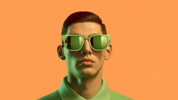 une homme portant des lunettes de soleil et une vert chemise avec photo