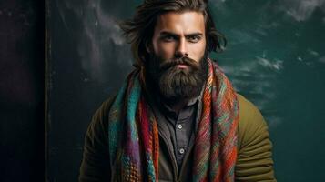 une homme avec une barbe et une écharpe photo