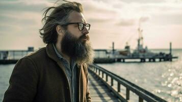 une homme avec une barbe et des lunettes des stands sur une jetée photo