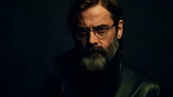 une homme avec des lunettes et une barbe est portant une noir photo