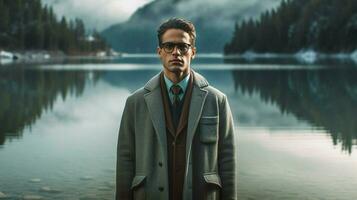 une homme avec des lunettes et une veste des stands dans de face photo