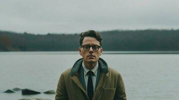 une homme avec des lunettes et une veste des stands dans de face photo