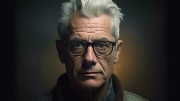 une homme avec gris cheveux et des lunettes regards photo