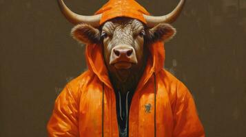 une La peinture de une taureau portant un Orange veste photo