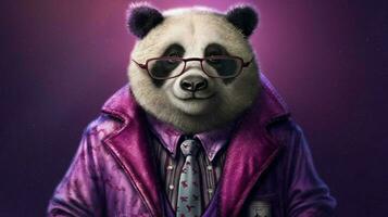 une Panda dans une violet veste et des lunettes photo