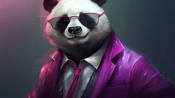 une Panda dans une violet veste et des lunettes photo