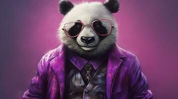 une Panda dans une violet veste et des lunettes photo