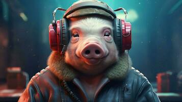 une porc portant une écouteurs et portant une veste photo