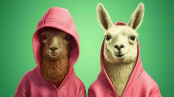 une rose lama avec une vert sweat à capuche et une vert capuche photo