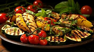 une assiette de grillé des légumes avec grillé légume photo