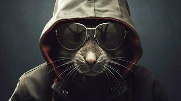 une affiche pour une rat avec une capuche et des lunettes photo