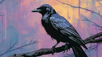 une affiche de une corbeau avec une violet Contexte photo
