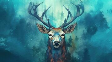 une affiche de une cerf avec une bleu tête et cornes photo