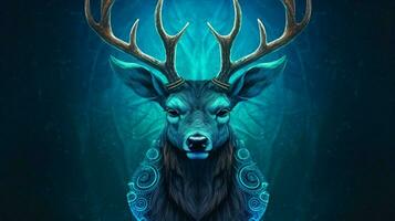 une affiche de une cerf avec une bleu tête et cornes photo