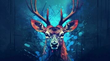 une affiche de une cerf avec une bleu tête et cornes photo