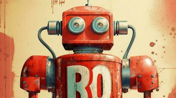 une affiche avec une rouge robot avec le mot robot sur photo