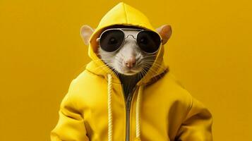 une rat dans une Jaune veste et des lunettes de soleil photo