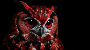 une rouge hibou avec une noir visage et une noir œil photo