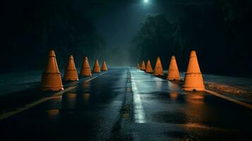 une rangée de circulation cônes sur une déserté route photo
