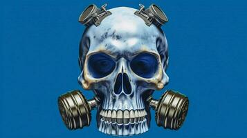 une crâne avec une gaz masque et une bleu Contexte photo