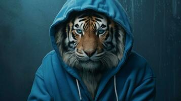 une tigre dans une sweat à capuche avec une bleu sweat à capuche photo