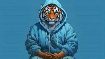 une tigre dans une sweat à capuche avec une bleu sweat à capuche photo