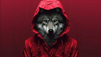 une Loup dans une rouge veste avec une sweat à capuche photo