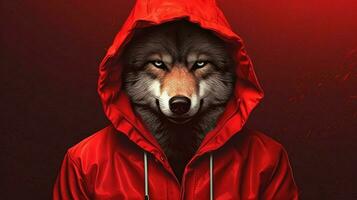 une Loup dans une rouge veste avec une sweat à capuche photo