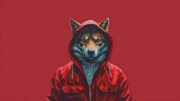 une Loup dans une rouge veste avec une sweat à capuche photo