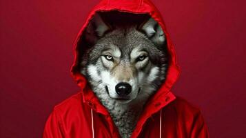 une Loup dans une rouge veste avec une sweat à capuche photo