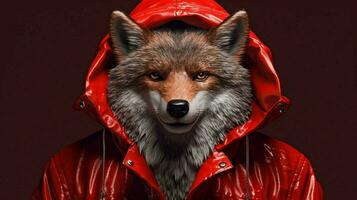 une Loup dans une rouge veste avec une sweat à capuche photo