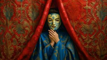 une femme dans une bleu masque et une rouge et or rideau photo