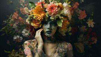 une femme dans une floral robe avec une fleuri masque sur photo