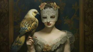 une femme dans une masque avec une oiseau sur il photo