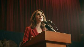 une femme parle dans une microphone à une podium photo