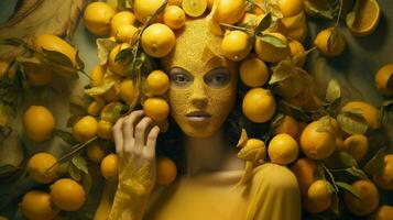 une femme dans une Jaune robe avec une masque de fruit sur photo