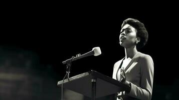 une femme parle dans une microphone à une podium photo