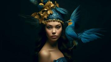 une femme avec une bleu robe et une or oiseau sur sa photo