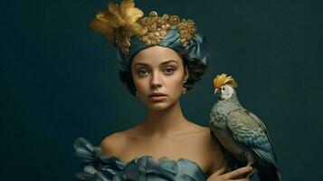 une femme avec une bleu robe et une or oiseau sur sa photo