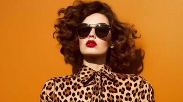 une femme avec une léopard impression des lunettes de soleil sur sa sh photo