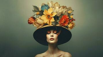 une femme avec une chapeau et une fleur sur sa tête photo