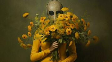 une femme avec une Jaune masque et une bouquet de fleur photo